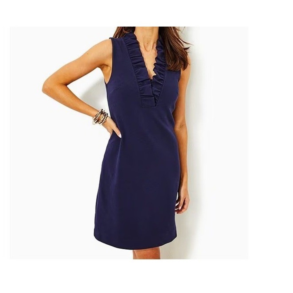 Lilly Pulitzer Tisbury Dress Ruffle Navy Preppy Nautical Resort Coastal Women XS